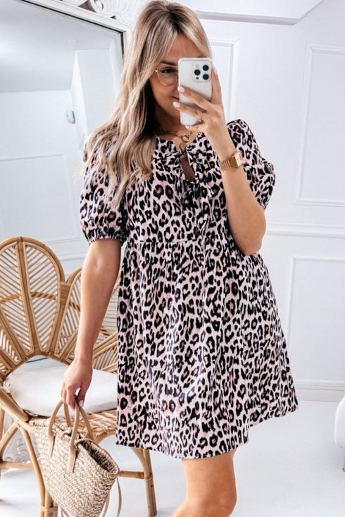 Brown Leopard Tied Front Keyhole Puff Short Sleeve Mini Dress